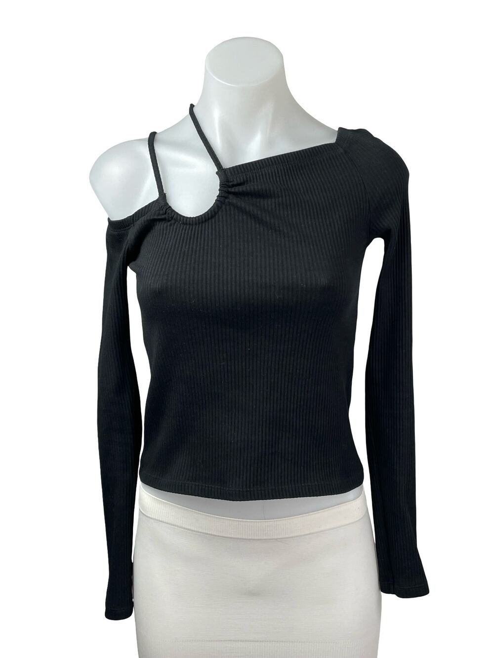 Oak + Fort Women's Black Ribbed Off Shoulder Long Sleeve Crop Tee T-Shirt Top XS